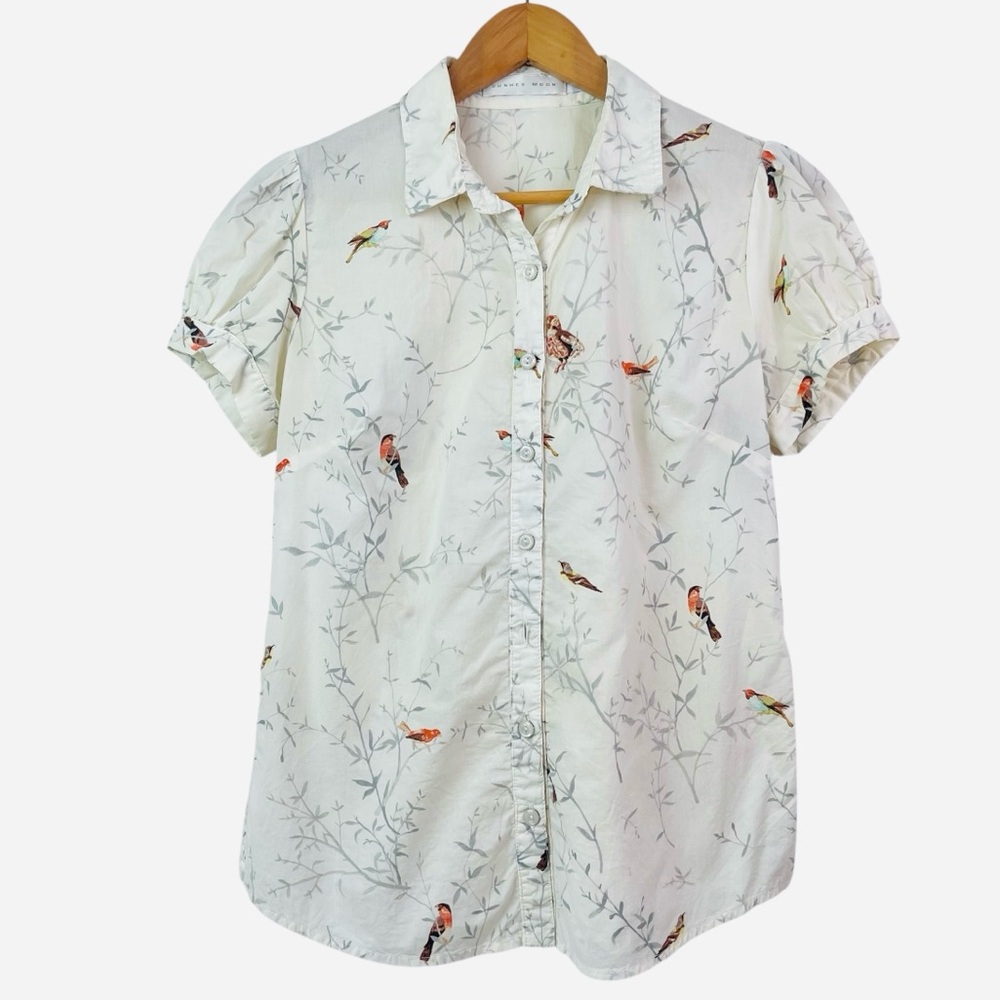 Sunhee Moon Womens Bird Print Cotton Short Puff Sleeve Button Front Shirt Size 1